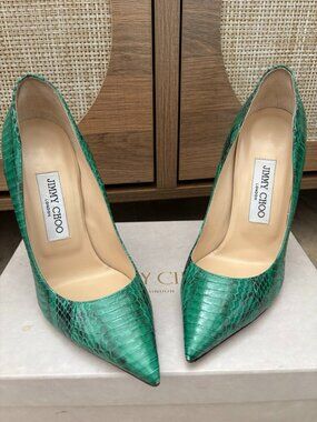 Jimmy Choo Anouk 120mm Emerald Green Elaphe Snakeskin Pointed Toe Pumps